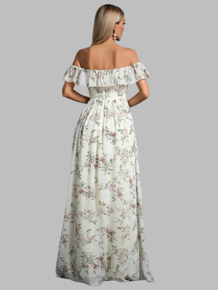 Ivory Strapless Ruffle Split Printed Chiffon Maxi Dress