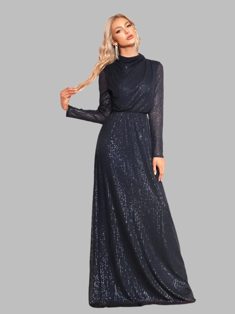 navy sequinned long sleeve a-line evening dress-formal elegance