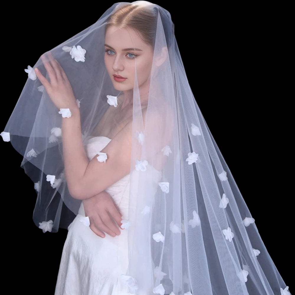 Long White 3D Flowers Blusher Wedding Veil