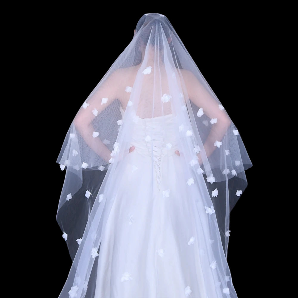 Long White 3D Flowers Blusher Wedding Veil