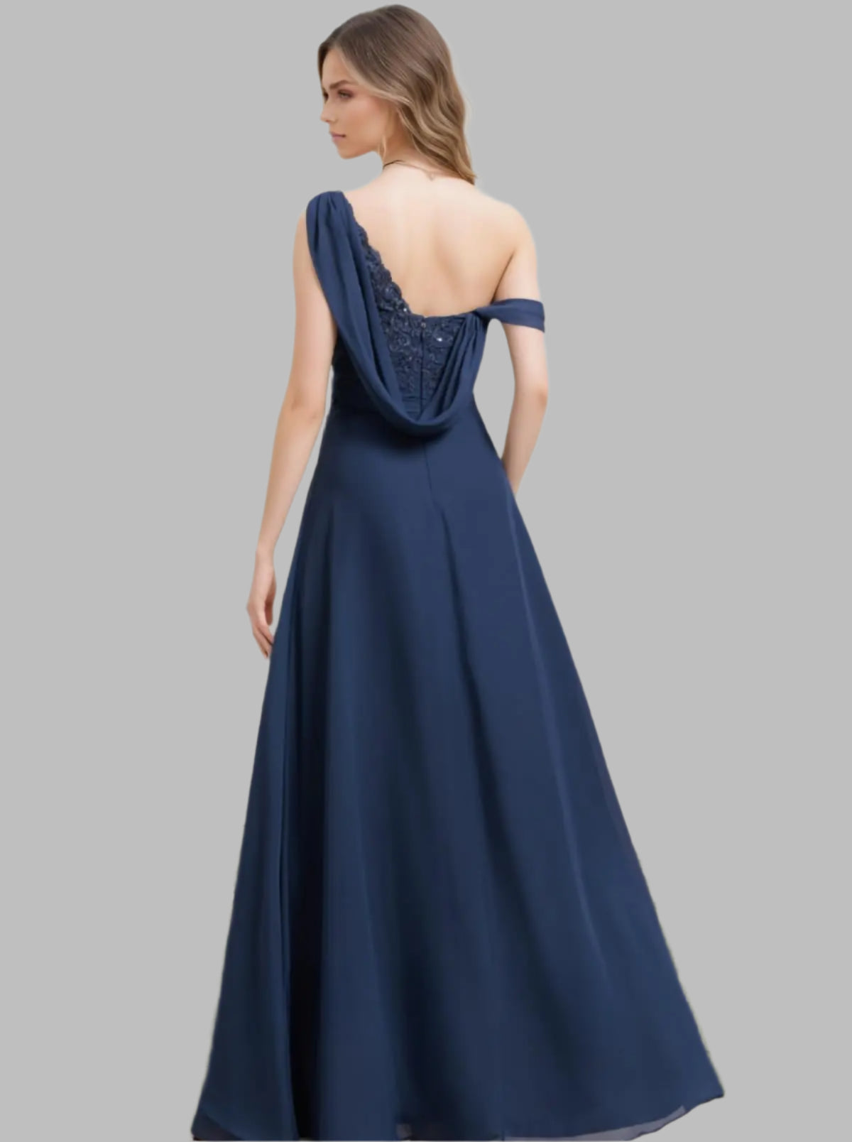 Navy blue one-shoulder dress with floral embellishments on a white background