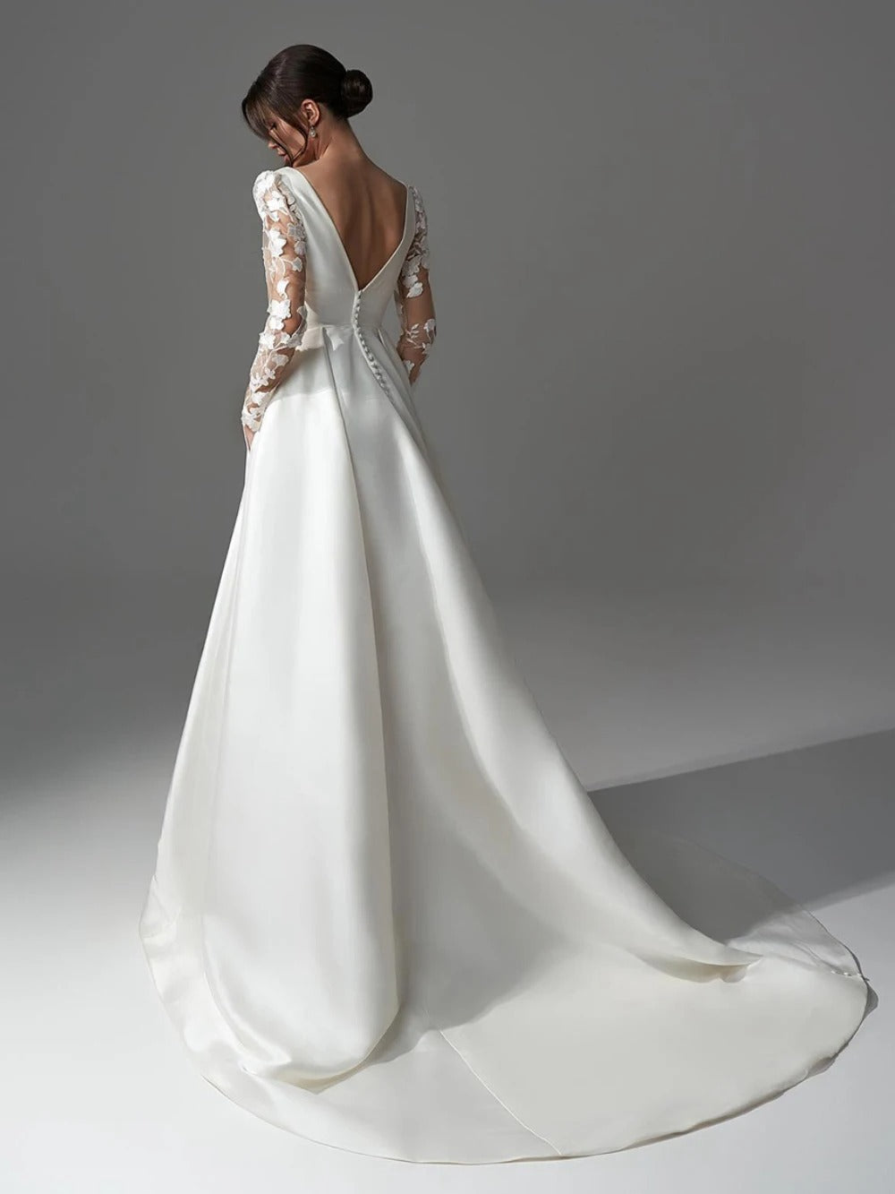 Satin Applique Lace Long Sleeves Wedding Dress
