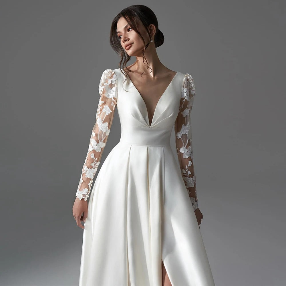 Satin Applique Lace Long Sleeves Wedding Dress