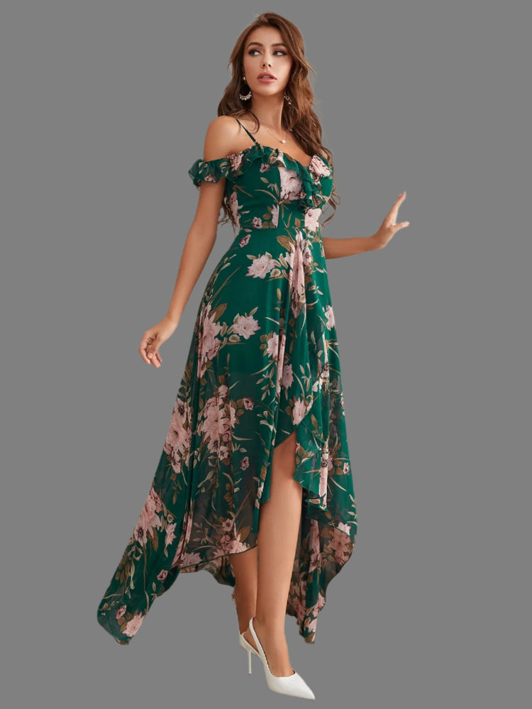 green off the shoulder high low party dress-formal elegance