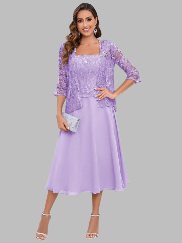 Navy Blue Chiffon A-Line Dress With Jacket