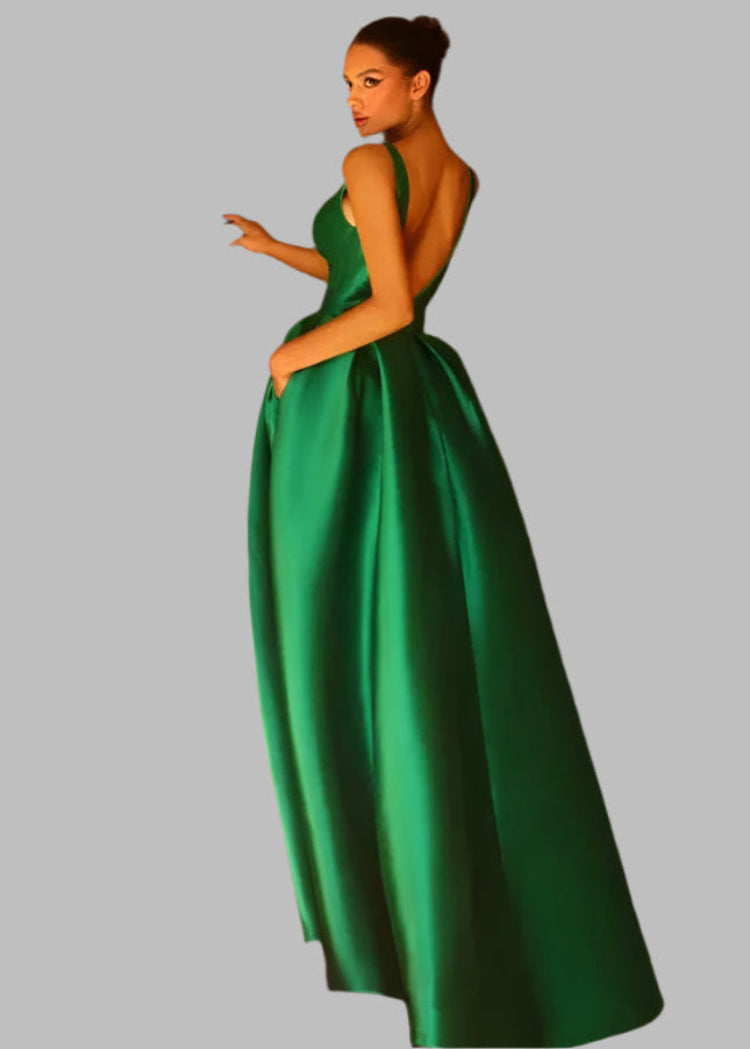 Green satin open back beautiful a-line floor length formal gown