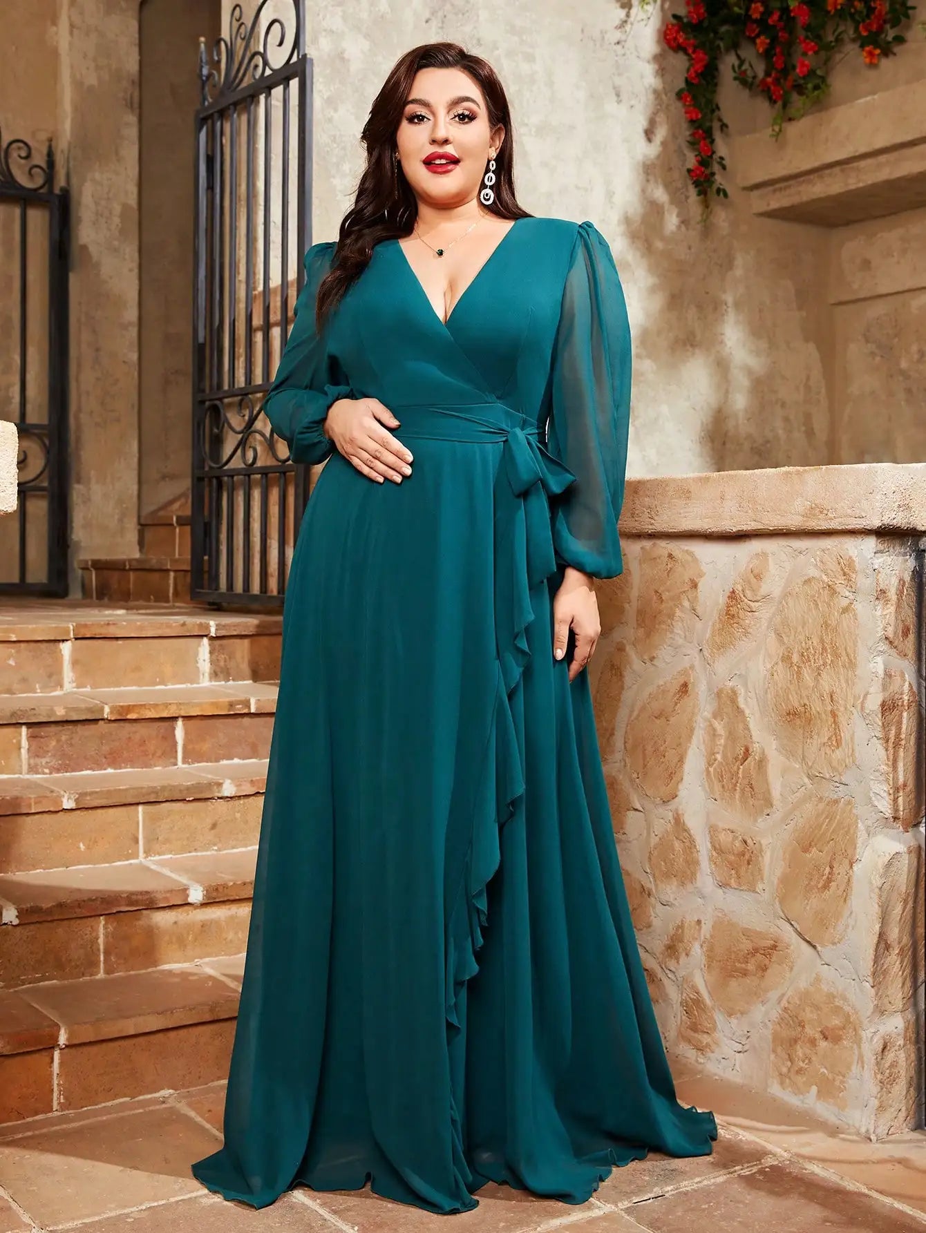 green long sleeve chiffon mother of the bride plus sizes formal dress-formal elegance