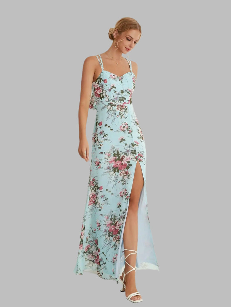 light blue printed floral chiffon maxi party dress-formal elegance