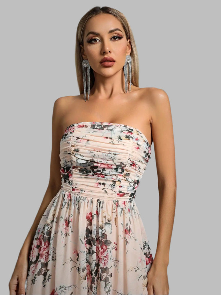 pleated bodice strapless maxi dress