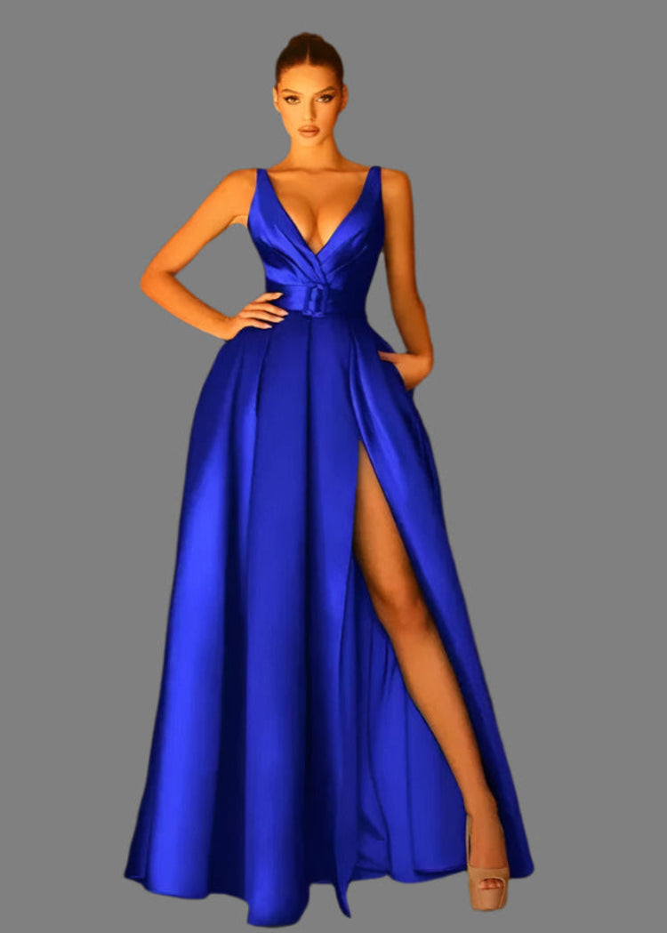 royal blue satin long with leg split and open back evening dress-formal elegance