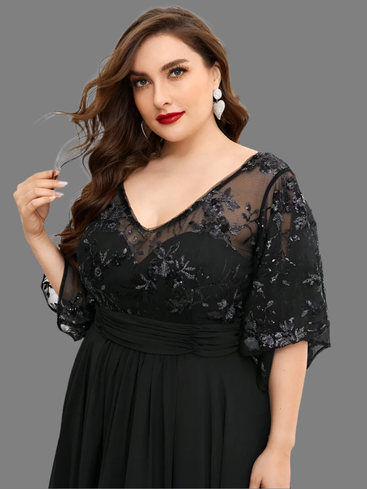 black v-neck lace bodice evening dress