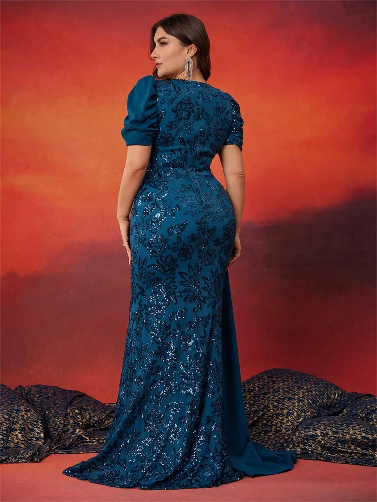 Blue evening formal dress with short sleeve and a covered back