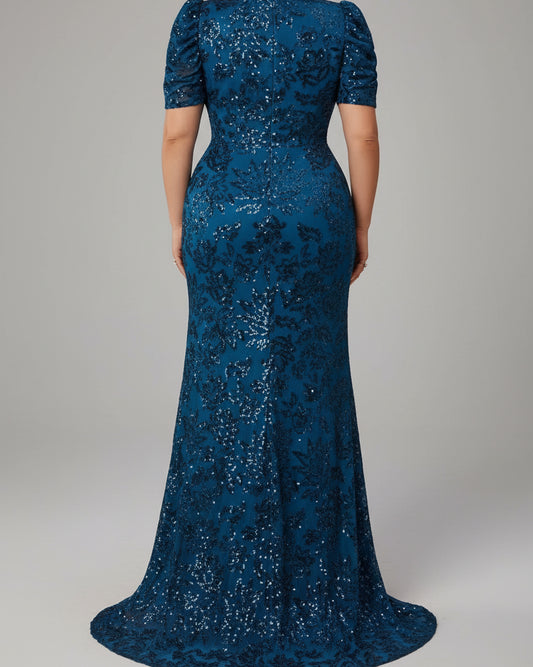 Blue evening formal dress with short sleeve and a covered back