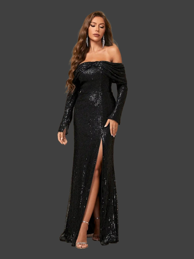 black strapless sequin long party dress with sleeves-formal elegance