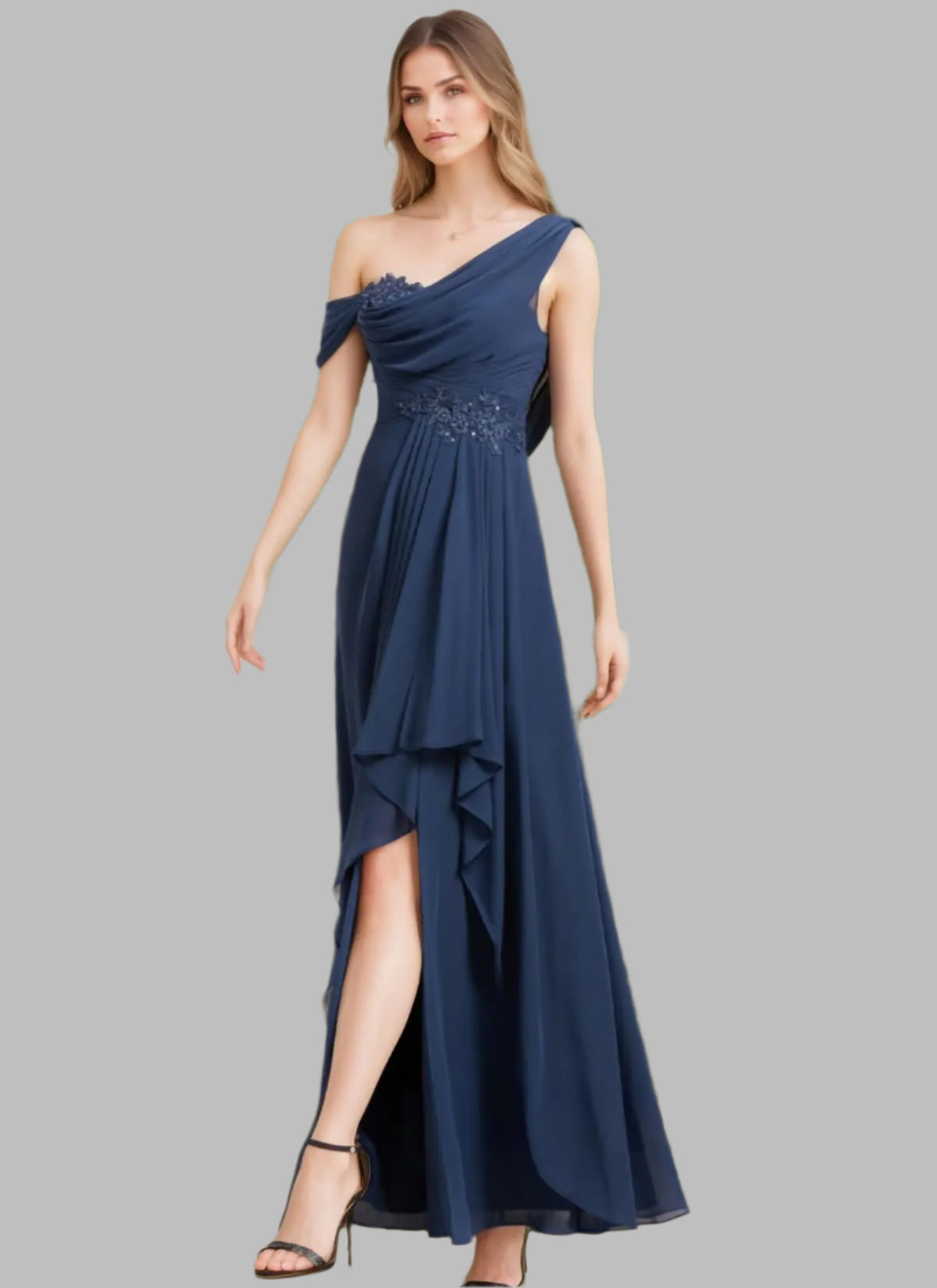 Grey Chiffon Lace Applique Mother Of The Bride Dress