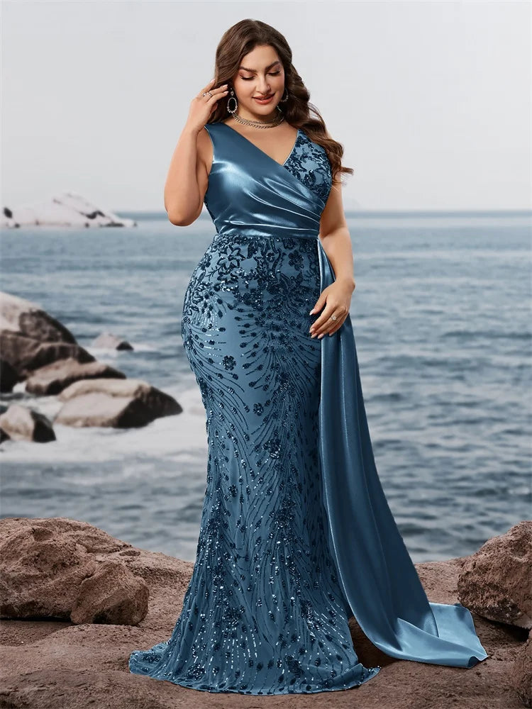 Elegant Blue Satin And Sequins Plus Size Party Dress