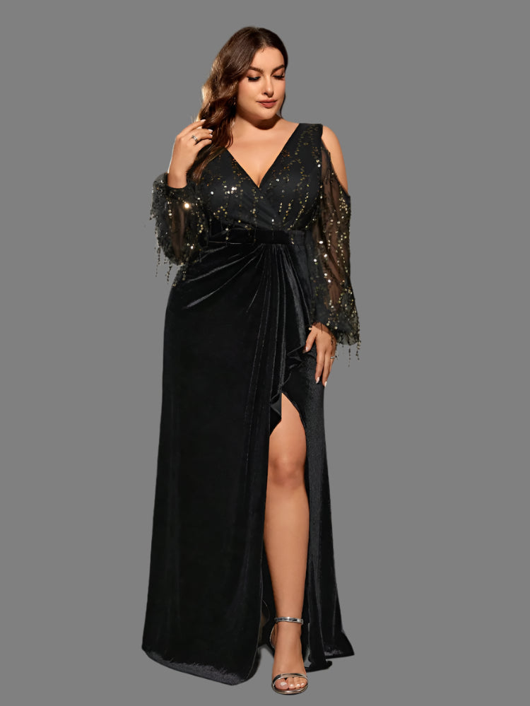 black plus size v neck with sequins party dress-formal elegance