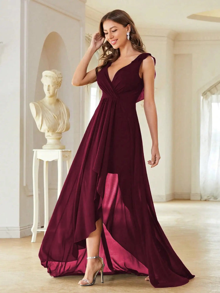 V-Neck High Low Style Chiffon Fabric Party Dress-Formal Elegance