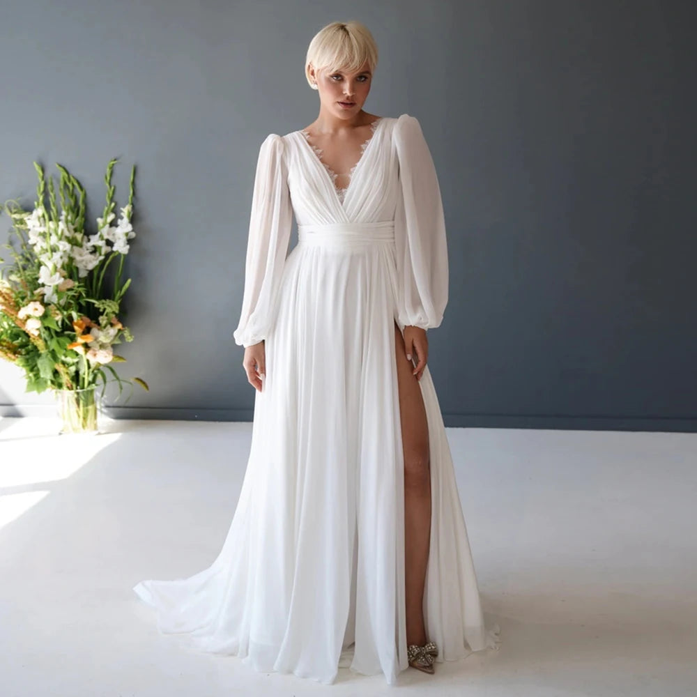 Chiffon fabric with long puff sleeves plus size wedding dress