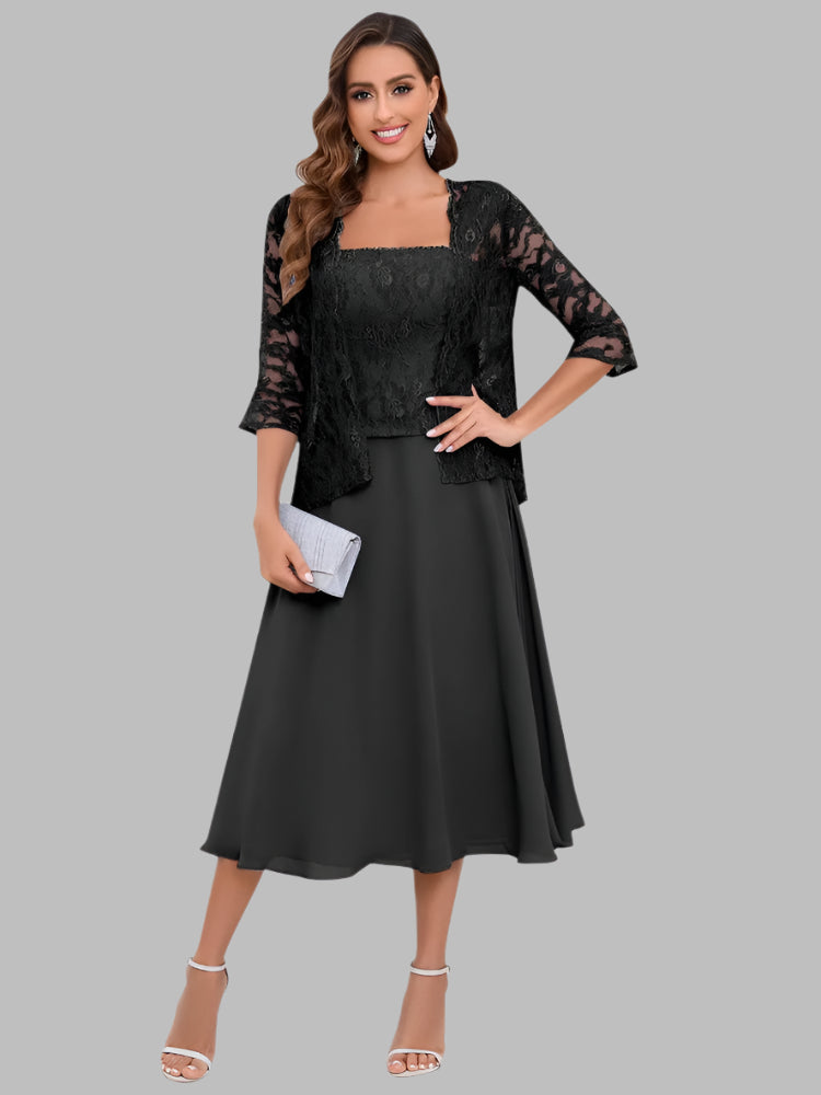 Woman wearing a black lace dress with a blue background