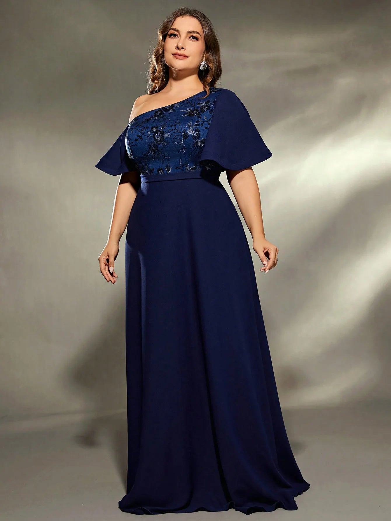 Navy one shoulder embroidered lace bodice chiffon plus sizes evening dress-formal elegance