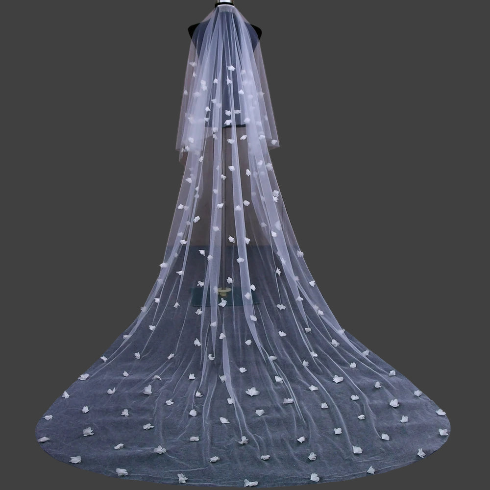 Long White 3D Flowers Blusher Wedding Veil