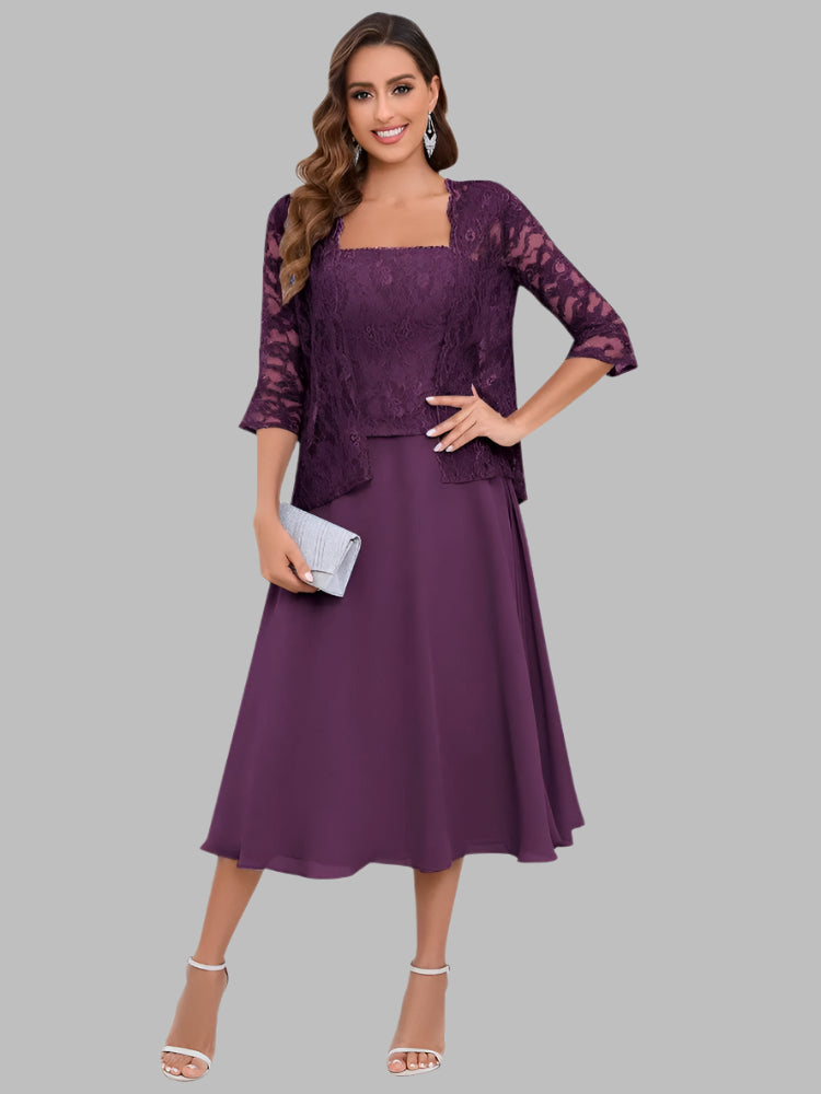 Woman wearing a matching purple lace jacket with tea length a-line dress for a wedding or evening dress