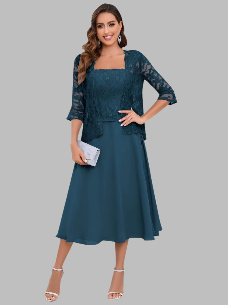 Navy Blue Chiffon A-Line Dress With Jacket