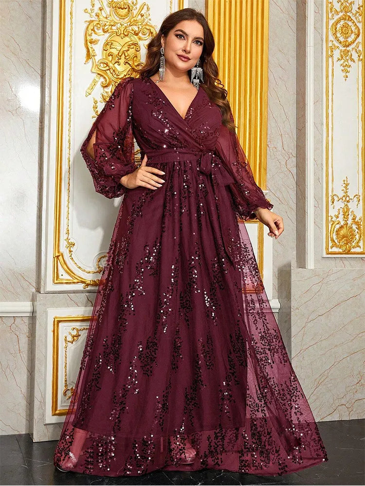 V-neck long sleeve sequins embroidered plus sizes formal evening dresses-formal elegance