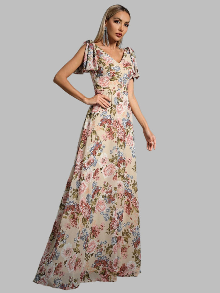 Floral Chiffon V Neck Short Sleeve Maxi Party Dress