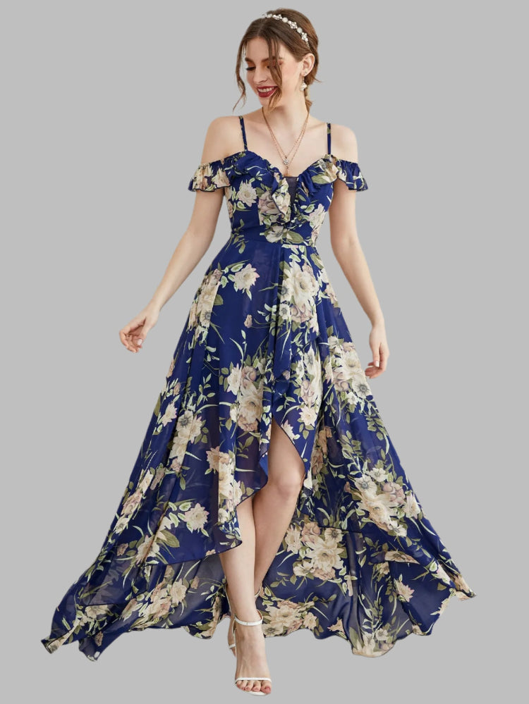 navy off the shoulder high low chiffon party dress-formal elegance