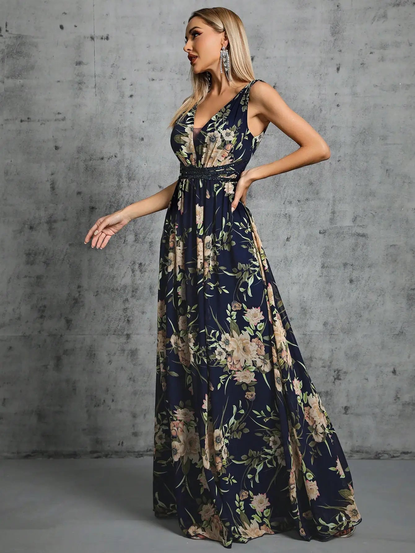 Navy Floral Print Chiffon Sequin Waist Party Dress