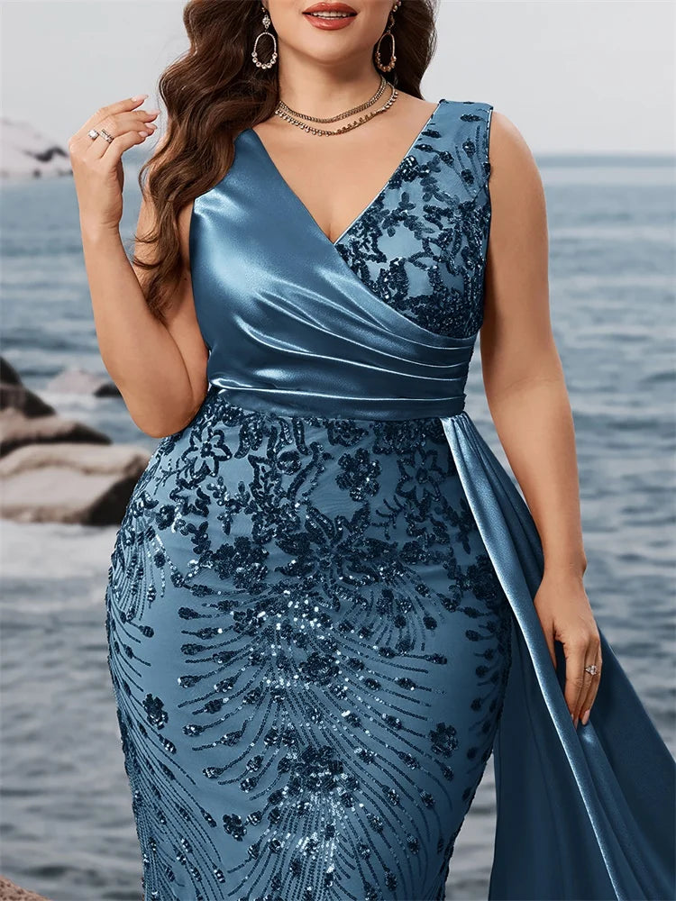 Elegant Blue Satin And Sequins Plus Size Party Dress