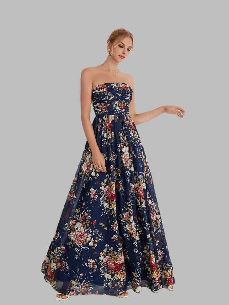 navy strapless pleated floral printed maxi dress-formal elegance