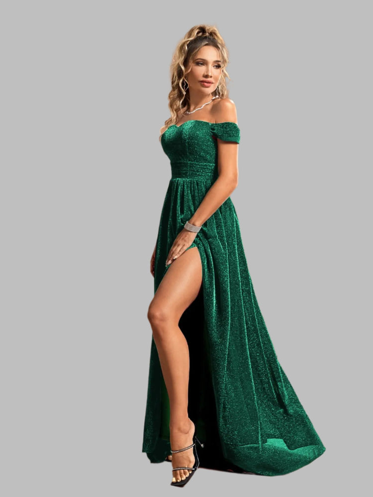 high leg split green glitter party dress