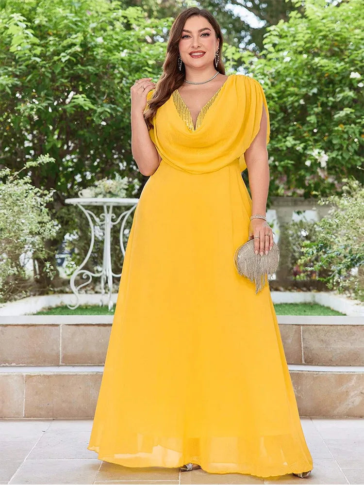 Plus Size With Sequins Draped V Neck Evening Dress