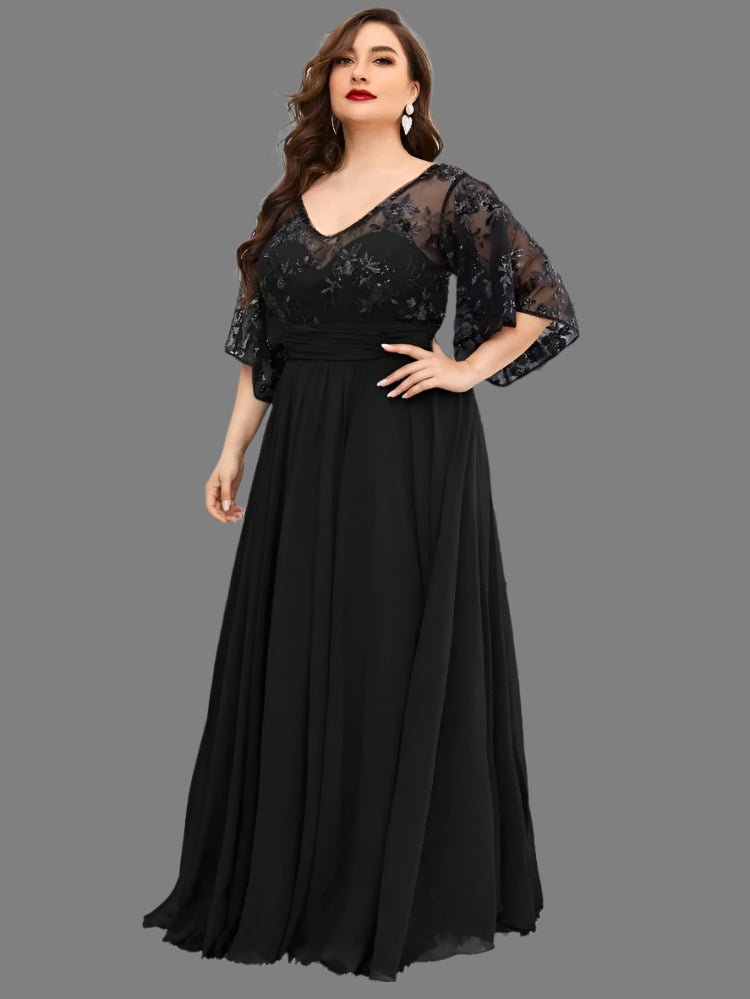 Black Lace Sequins Half Sleeve Plus Size Evening Dress