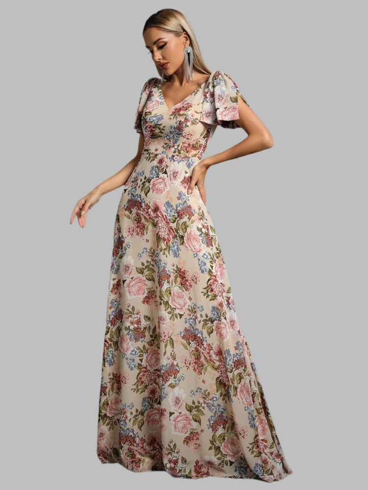 floral chiffon short sleeve maxi party dress-formal elegance