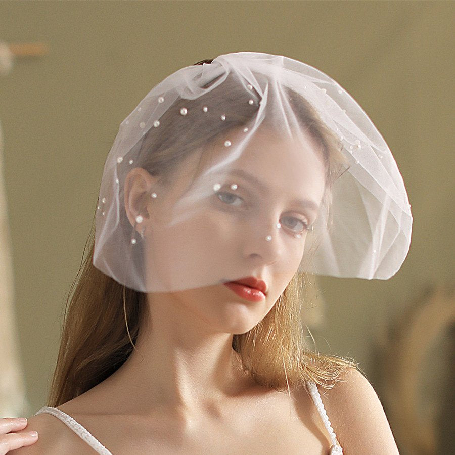 Short Veil Face Cover With Pearls