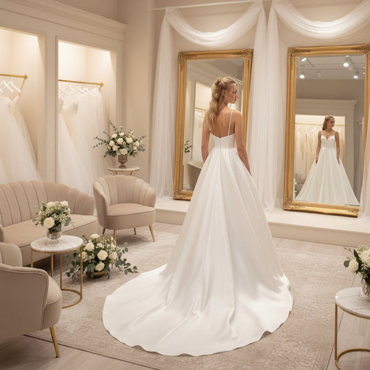 White satin A-line wedding dress with flowing skirt and open back, thin straps