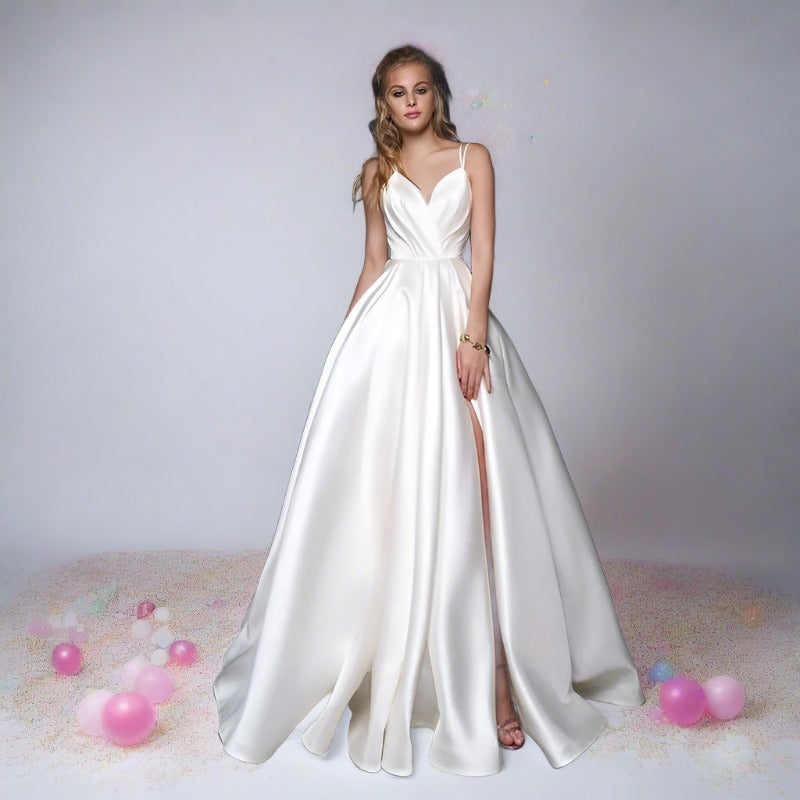 a-line satin with spaghetti straps and leg split wedding dresses in white or ivory-formal elegance
