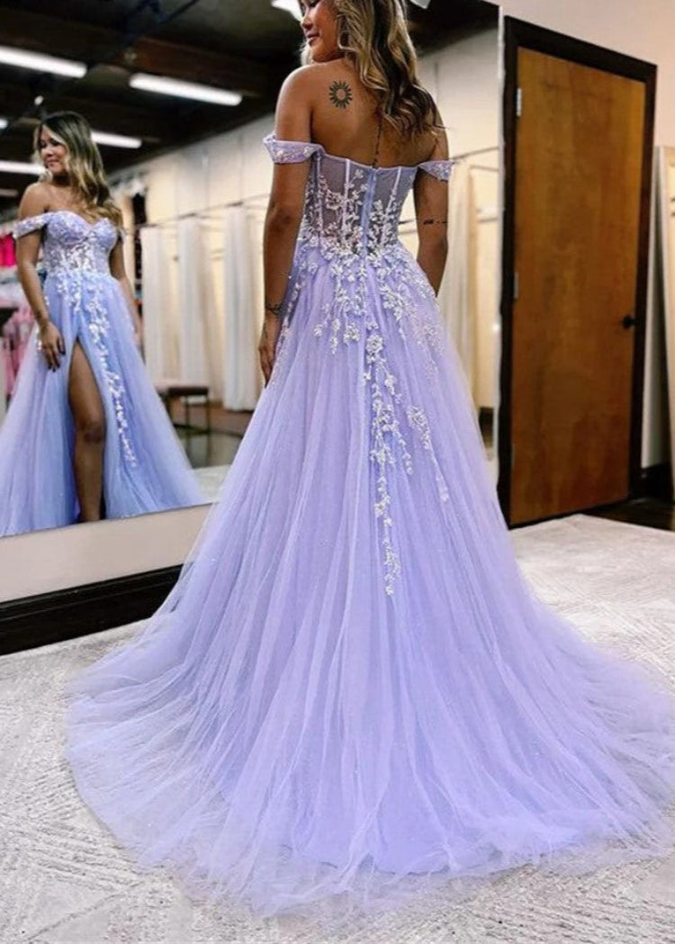 Blue Sweetheart Off Shoulder Lace Tulle Formal Dress