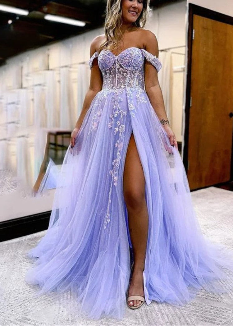 Blue Sweetheart Off Shoulder Lace Tulle Formal Dress