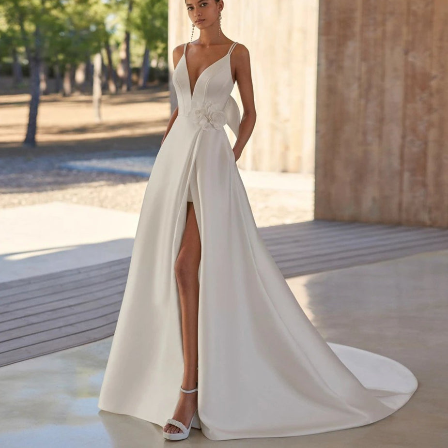 White Satin V-neckline with spaghetti straps a-line wedding dress. White or Ivory in sizes 2-26w and customisation available