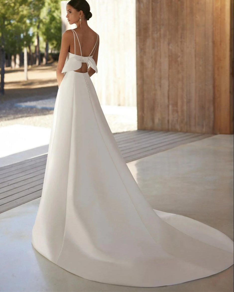 cut out back with bow and train white satin wedding dress in sizes 2-26w