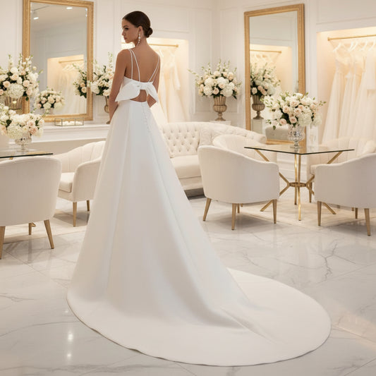 Ivory satin wedding dress with spaghetti straps and open back with bow details