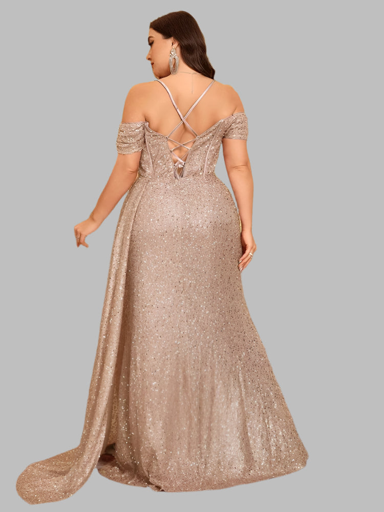 lace up back gold sparkly off-shoulder plus size long party dress with streamer train