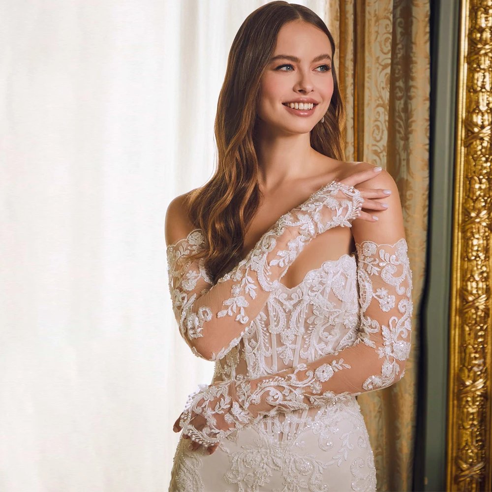 Illusion lace strapless mermaid design wedding dress in sizes 2-26w