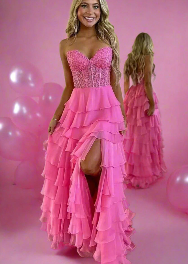 pink chiffon strapless lace up back formal party dress-formal elegance