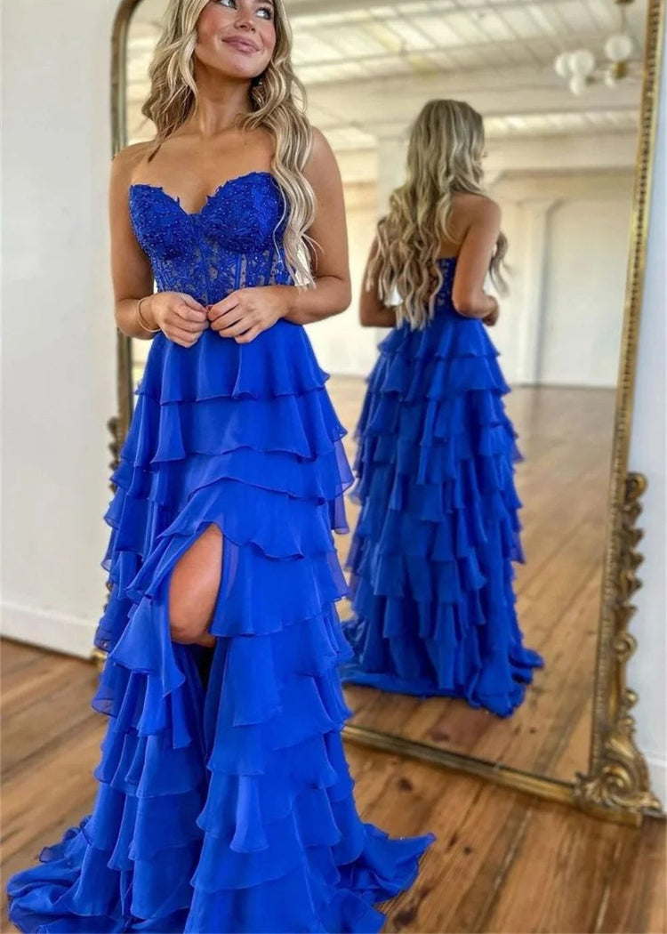 royal blue chiffon strapless lace up back formal party dress-formal elegance